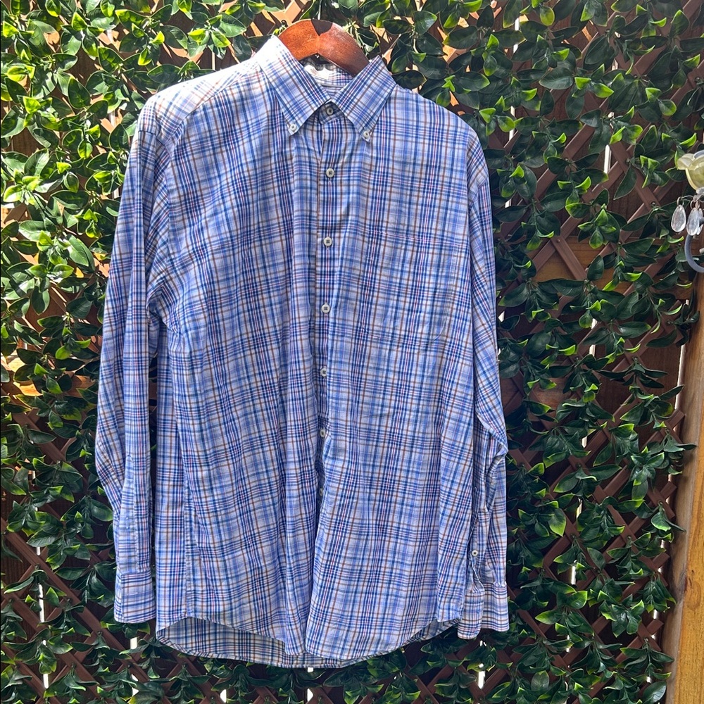 Peter Millar Blue and White Plaid Button-Down Shirt